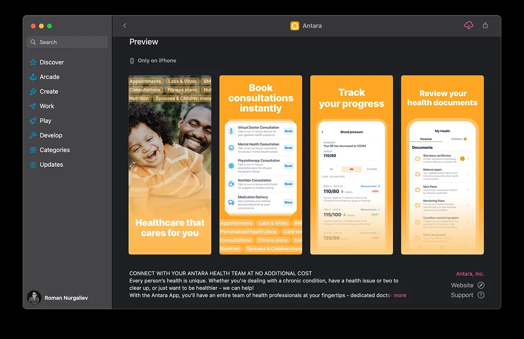 Antara Health patient app listing: booking consultations, tracking progress, and health documents