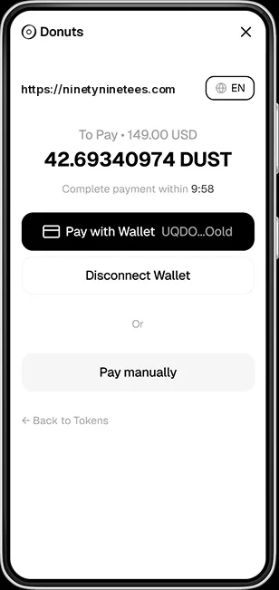 donuts.tg checkout: amount in tokens, payment timer, and wallet options