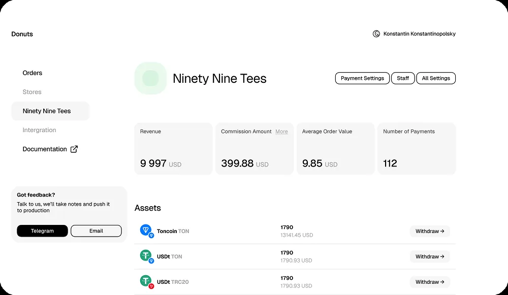 donuts.tg merchant dashboard: store revenue, commission, and token balances