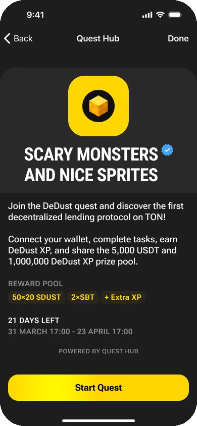 Quest Hub quest intro: reward pool in $DUST, soulbound tokens, and extra XP