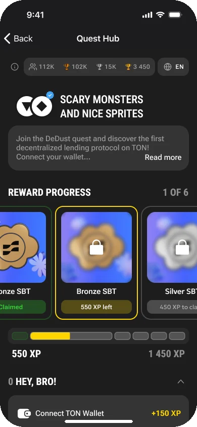 Quest Hub quest page: soulbound-token reward tiers and XP progress