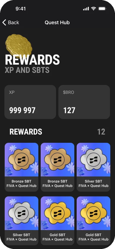 Quest Hub rewards: XP balance and a grid of bronze, silver, and gold soulbound tokens
