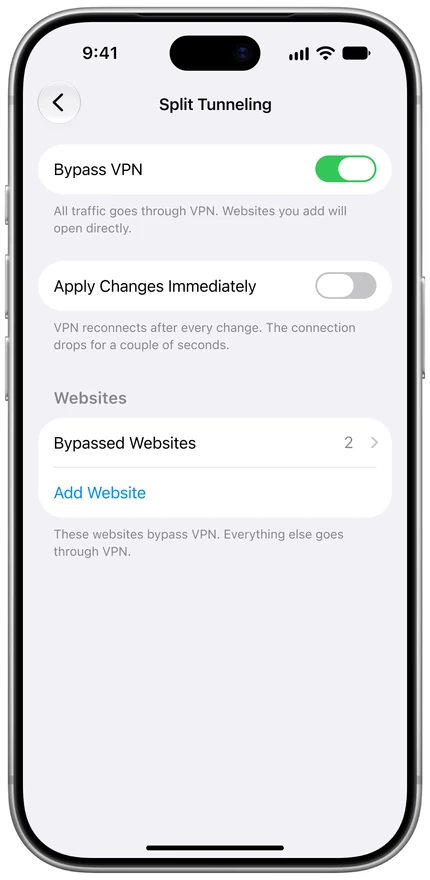 Split tunneling settings on iPhone with Bypass VPN turned on and two bypassed websites