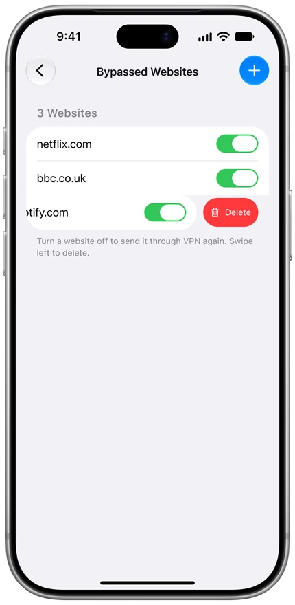 Bypassed websites list on iPhone with one row swiped to reveal Delete